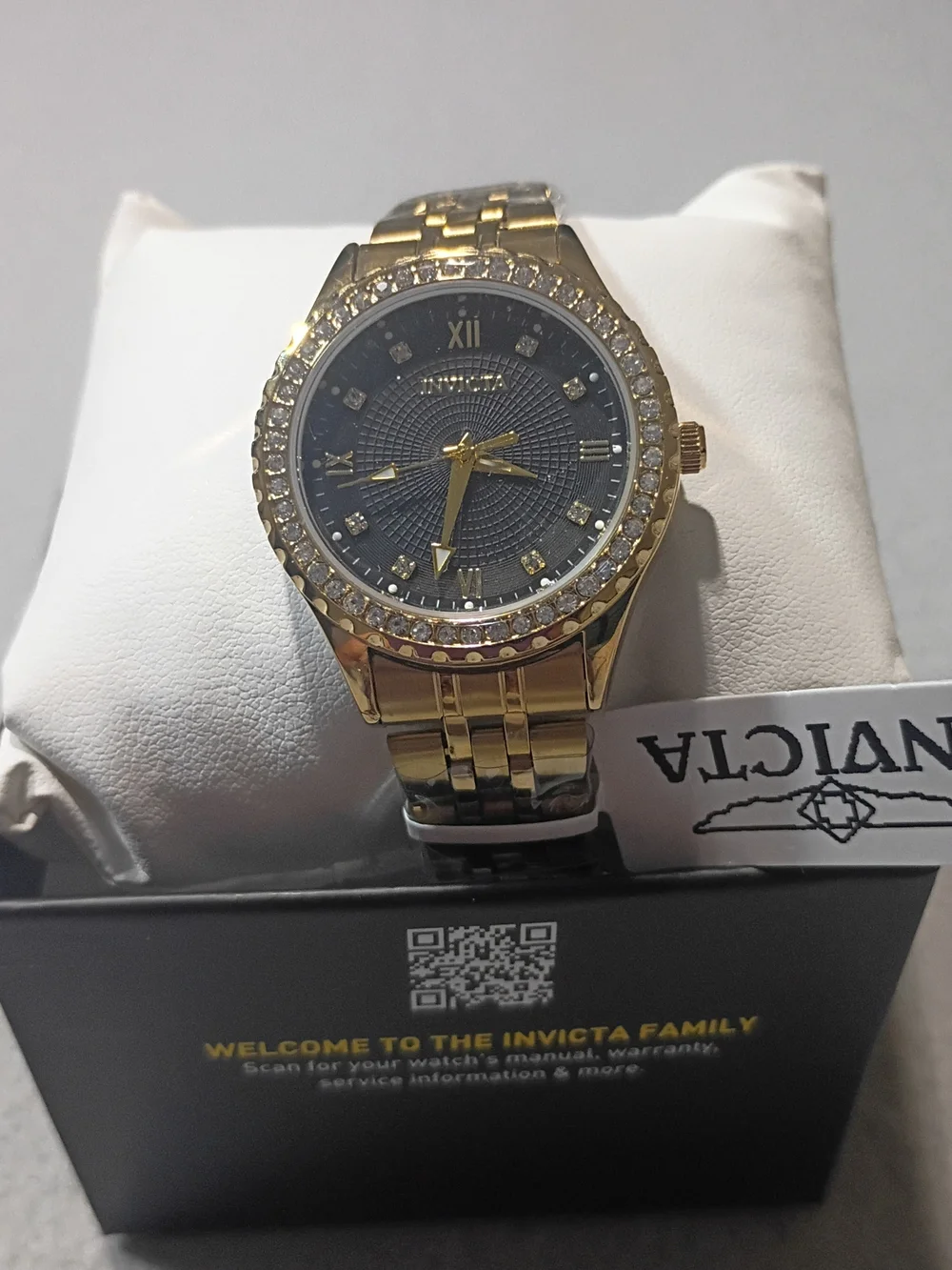 Invicta Gold Tone Watch with Black Dial and Crystal Bezel 33mm